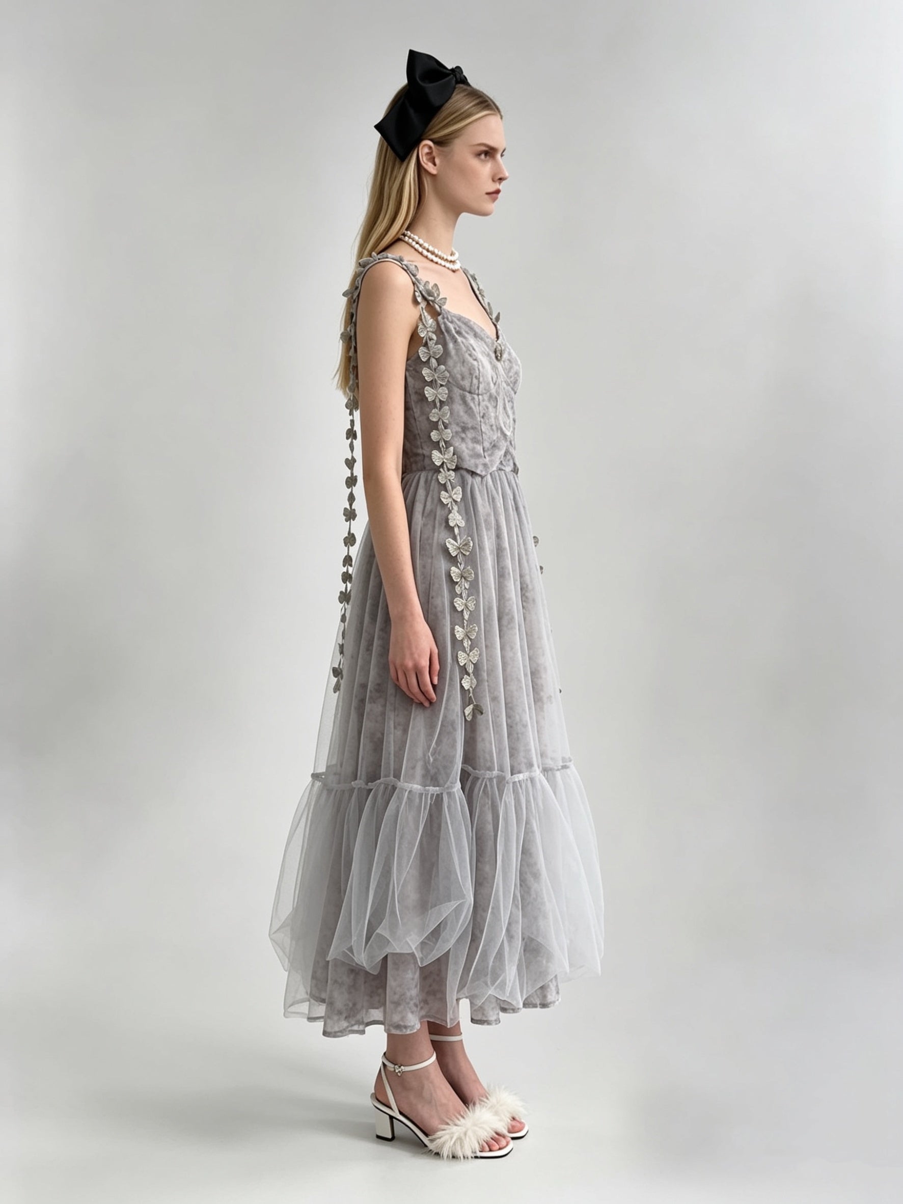 Misty Grey 3D Butterfly Appliqué Ruched V-Neck Layered Tulle Midi Dress