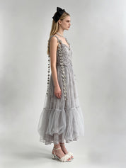 Misty Grey 3D Butterfly Appliqué Ruched V-Neck Layered Tulle Midi Dress
