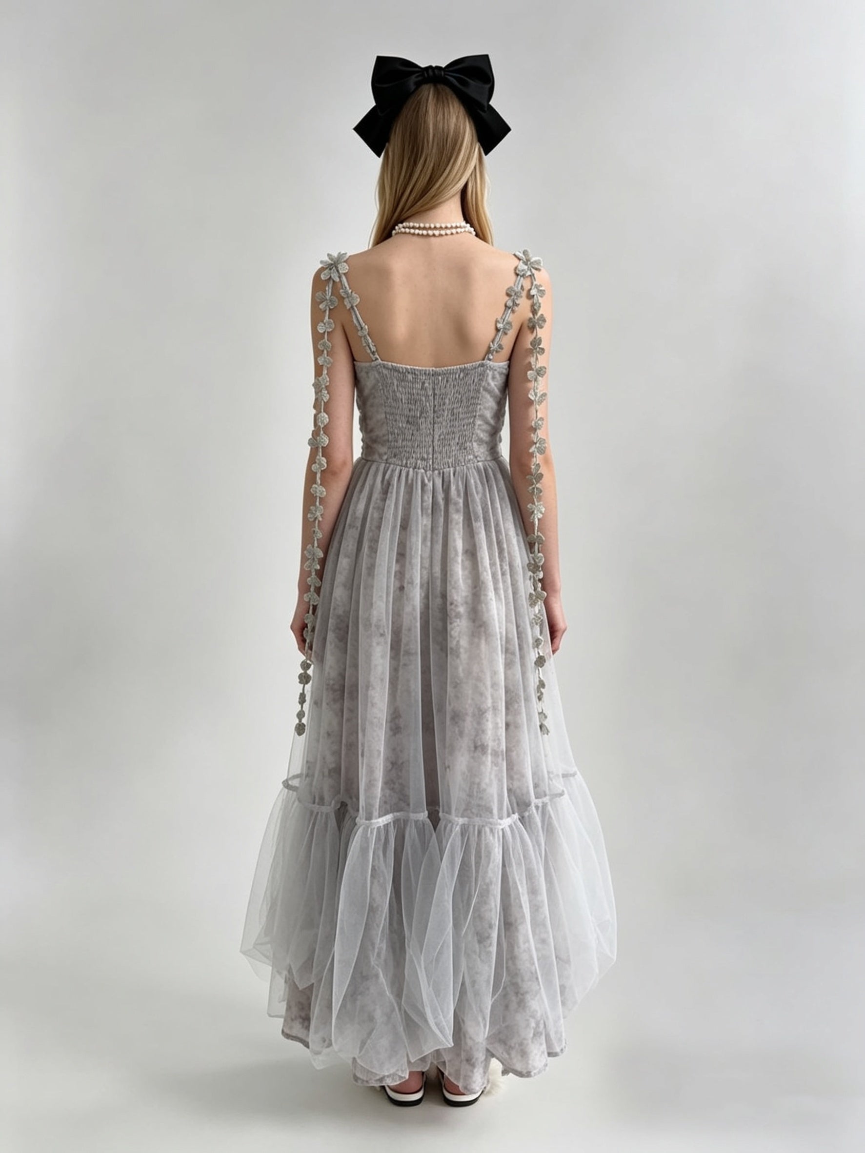 Misty Grey 3D Butterfly Appliqué Ruched V-Neck Layered Tulle Midi Dress