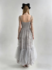 Misty Grey 3D Butterfly Appliqué Ruched V-Neck Layered Tulle Midi Dress
