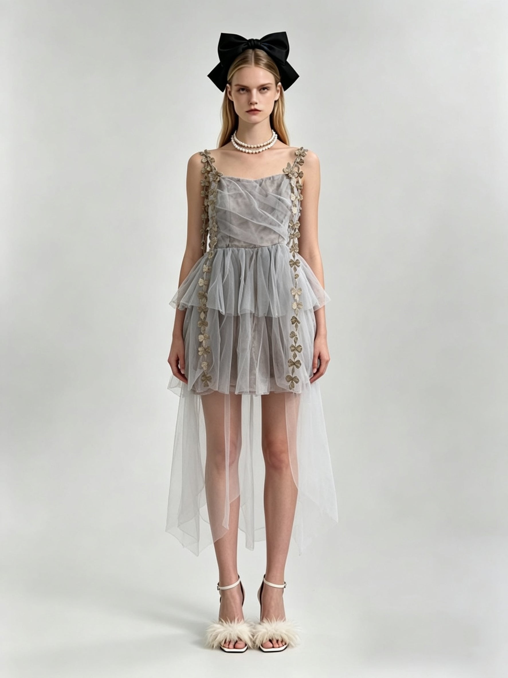 Misty Grey 3D Butterfly Floral Appliqué Draped Bodice Asymmetric Hi-Low Tulle Mini Dress