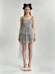 Misty Grey 3D Butterfly Floral Appliqué Draped Bodice Asymmetric Hi-Low Tulle Mini Dress
