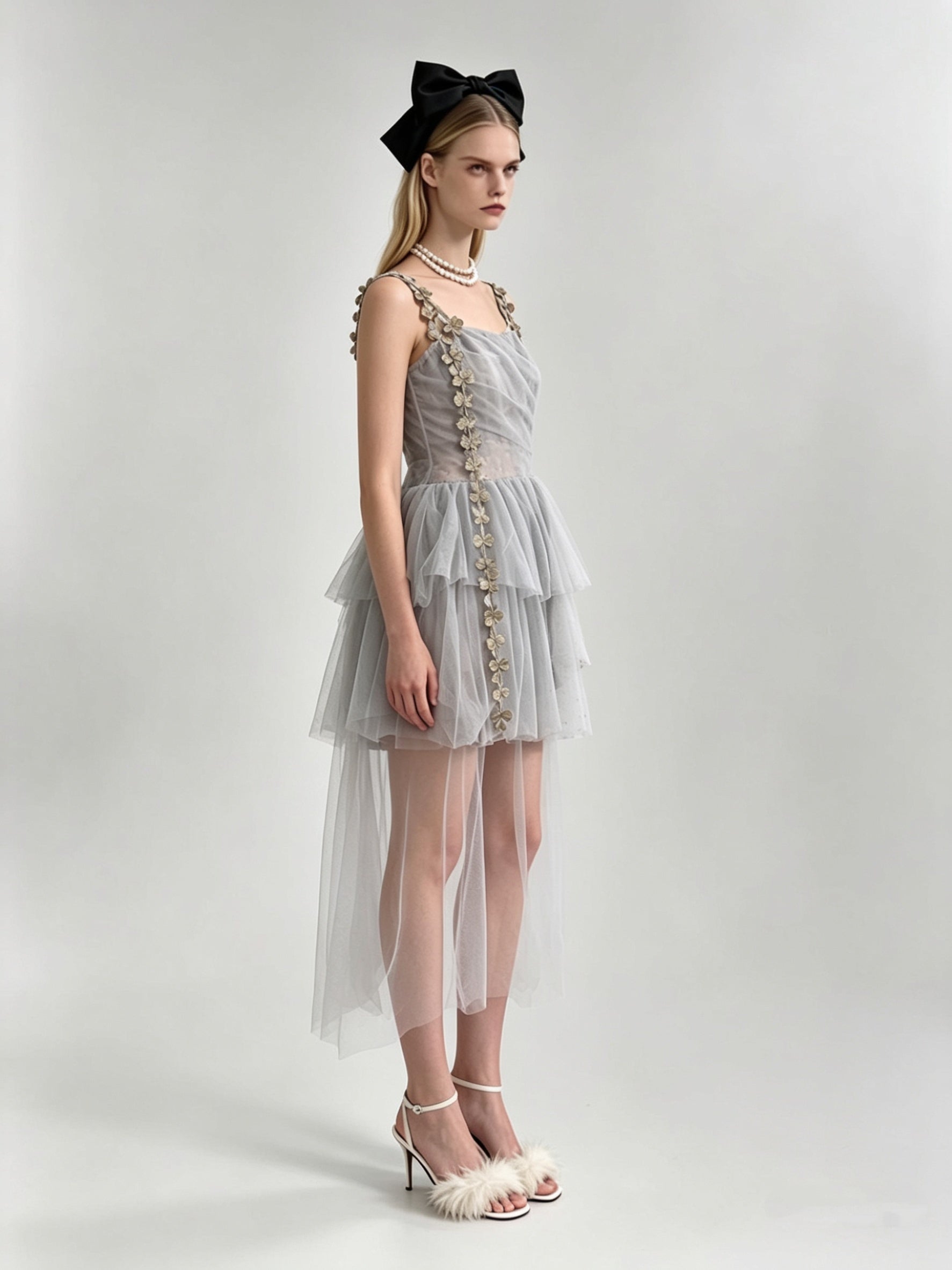 Misty Grey 3D Butterfly Floral Appliqué Draped Bodice Asymmetric Hi-Low Tulle Mini Dress