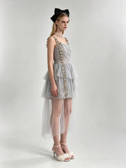 Misty Grey 3D Butterfly Floral Appliqué Draped Bodice Asymmetric Hi-Low Tulle Mini Dress