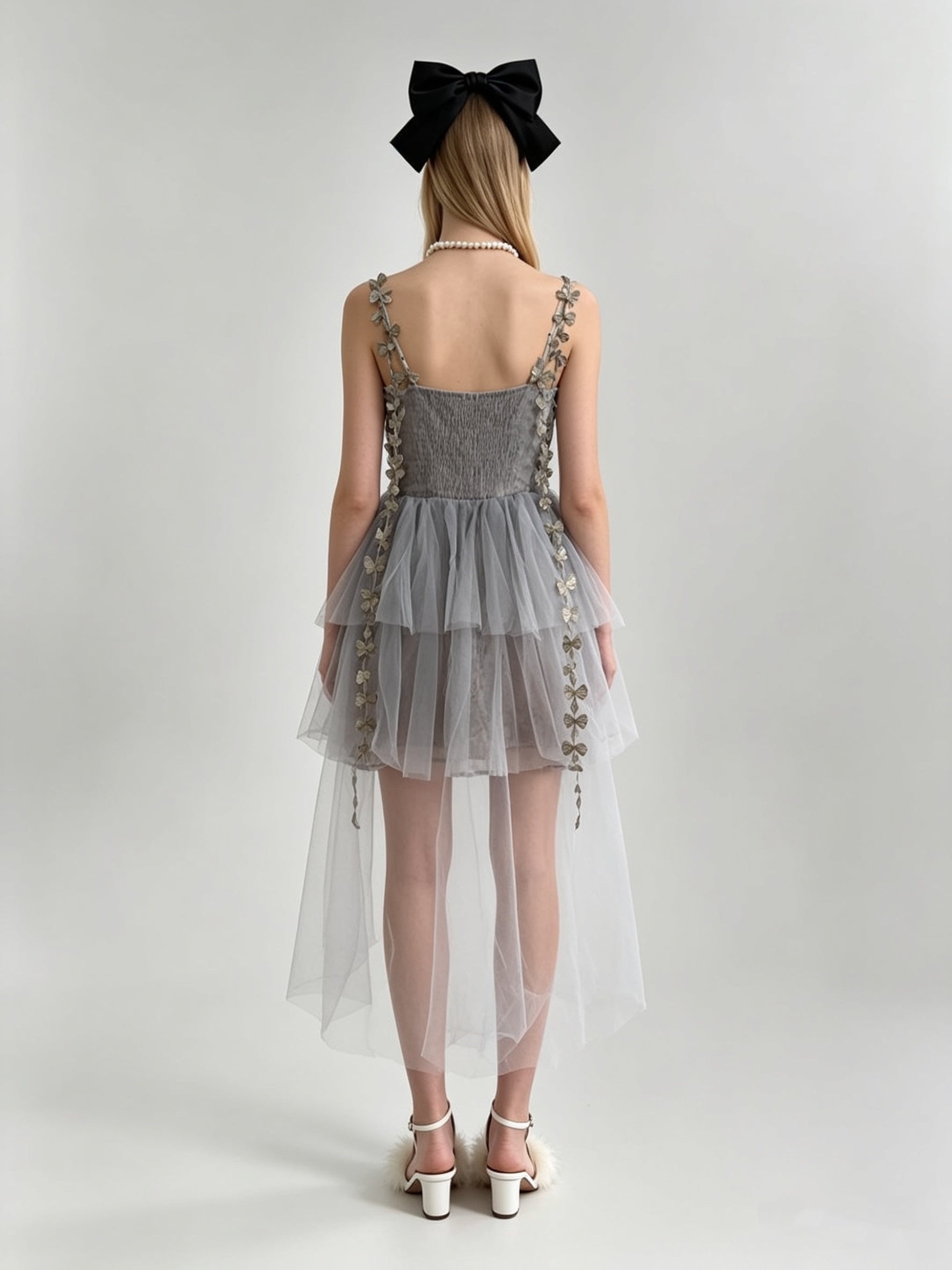 Misty Grey 3D Butterfly Floral Appliqué Draped Bodice Asymmetric Hi-Low Tulle Mini Dress