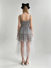 Misty Grey 3D Butterfly Floral Appliqué Draped Bodice Asymmetric Hi-Low Tulle Mini Dress