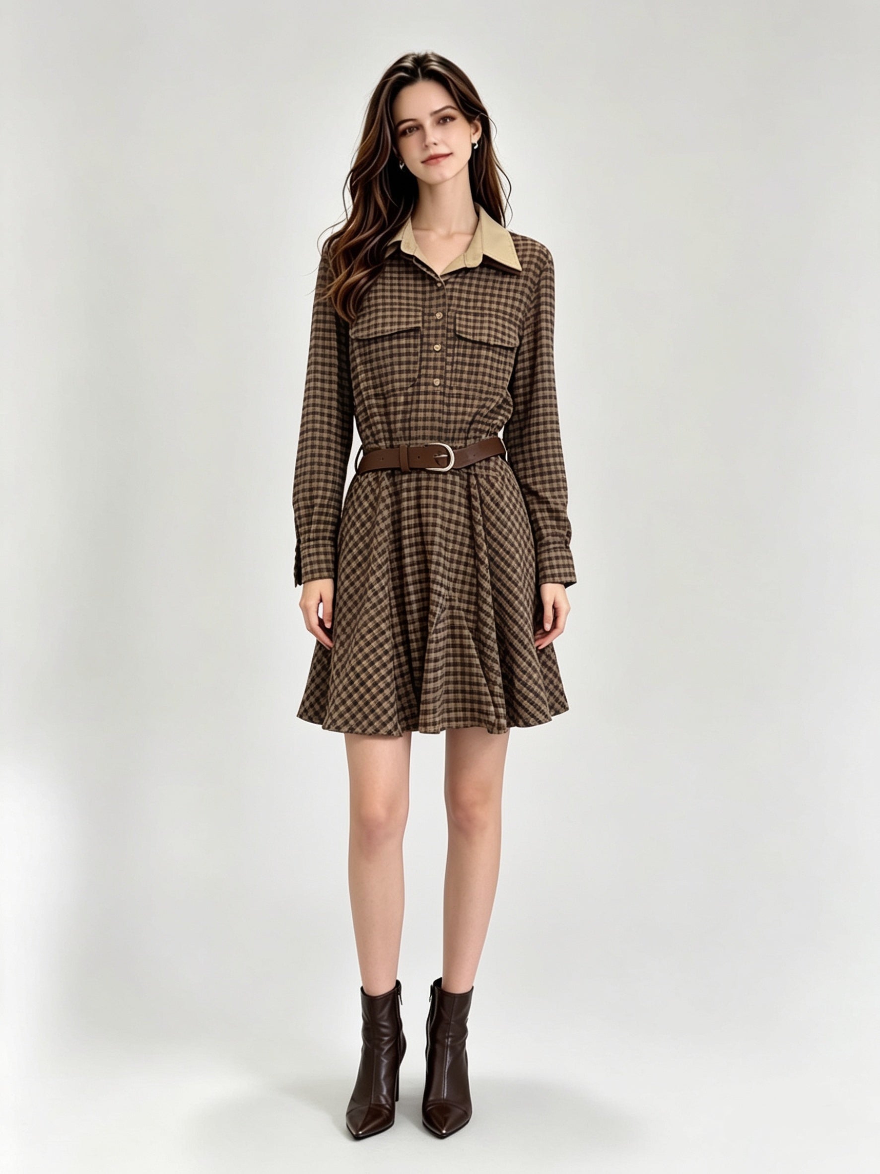 Brown Houndstooth Plaid Contrast Collar Belted Shirt Mini Dress