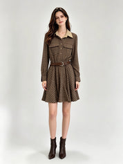 Brown Houndstooth Plaid Contrast Collar Belted Shirt Mini Dress