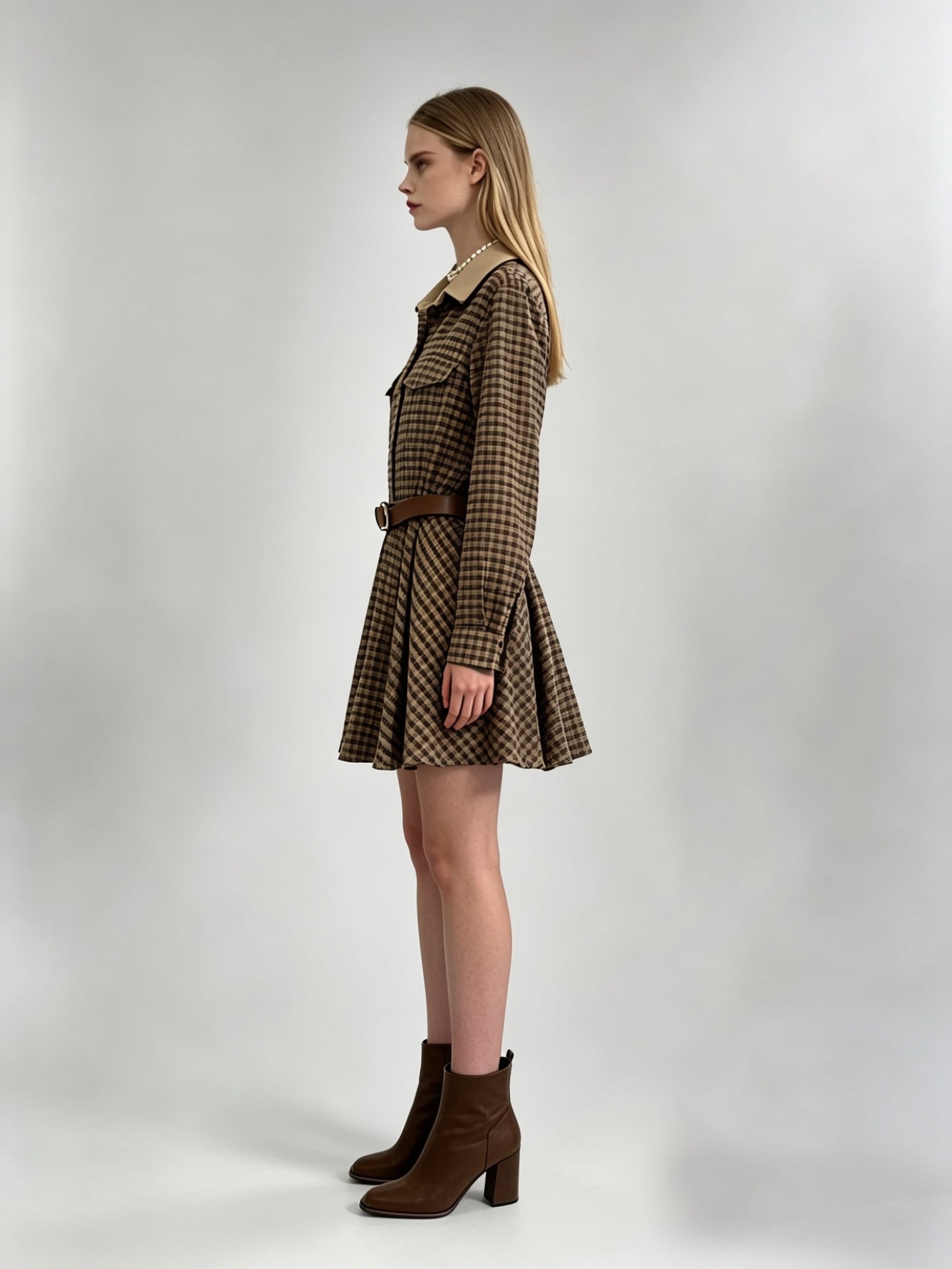 Brown Houndstooth Plaid Contrast Collar Belted Shirt Mini Dress