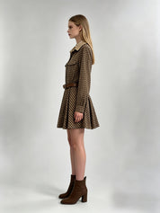 Brown Houndstooth Plaid Contrast Collar Belted Shirt Mini Dress