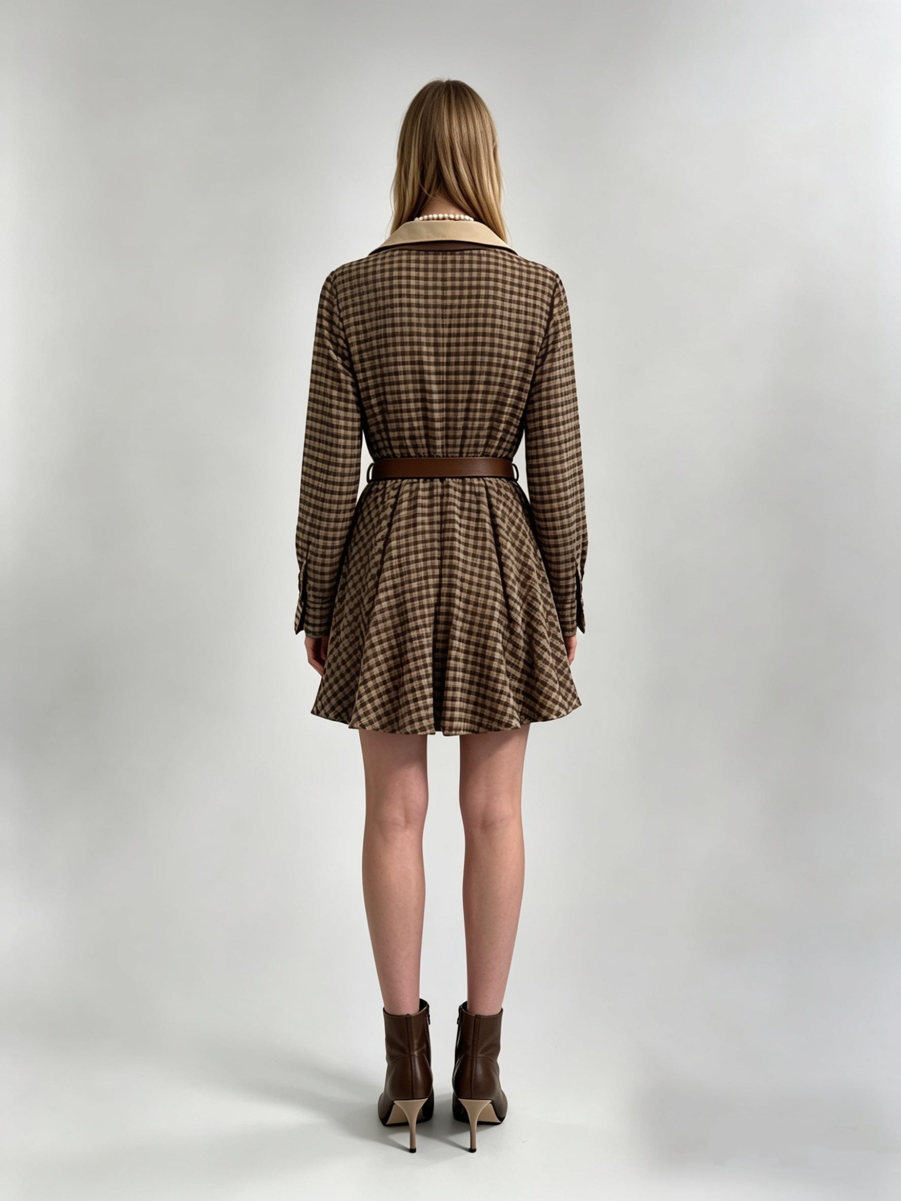 Brown Houndstooth Plaid Contrast Collar Belted Shirt Mini Dress