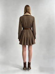 Brown Houndstooth Plaid Contrast Collar Belted Shirt Mini Dress