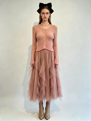 Blush Pink Fitted Ribbed Knit Round Neck Button Cardigan