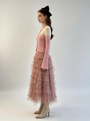 Pearl-Trimmed Multi-Tiered Tulle Midi Skirt with Elasticated Waistband
