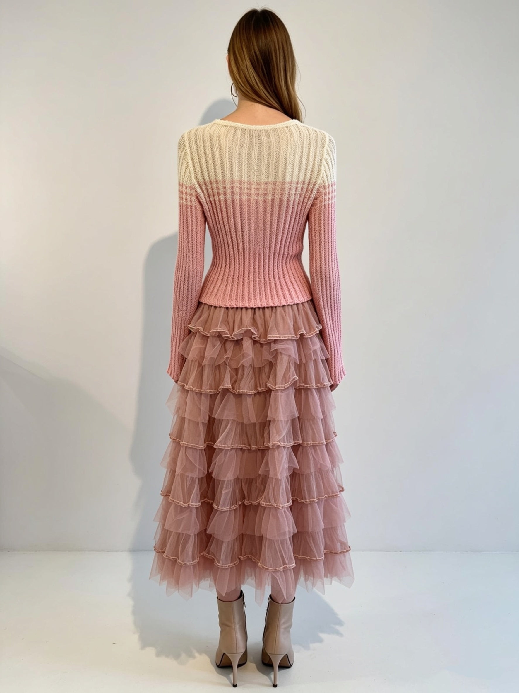 Pearl-Trimmed Multi-Tiered Tulle Midi Skirt with Elasticated Waistband