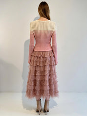 Pearl-Trimmed Multi-Tiered Tulle Midi Skirt with Elasticated Waistband