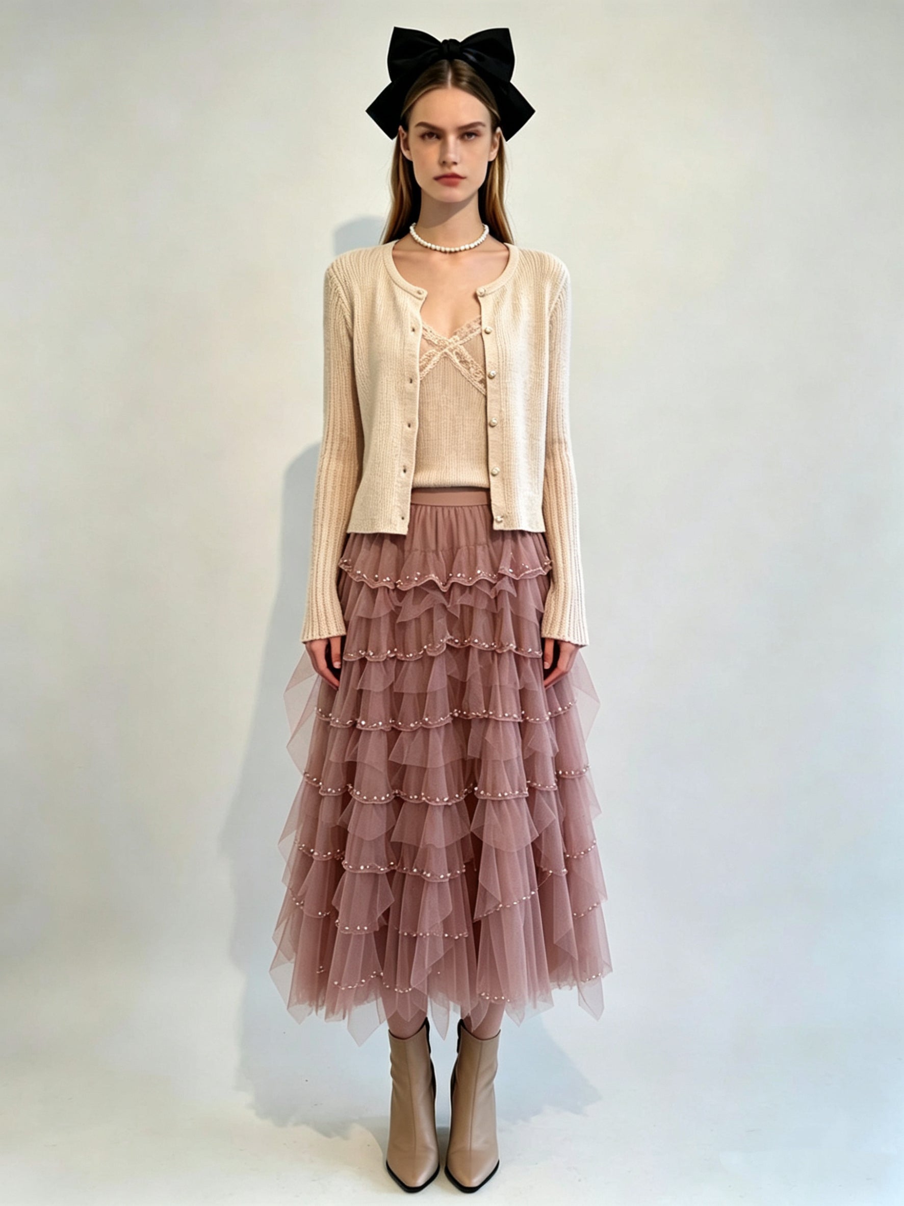 Pearl-Trimmed Multi-Tiered Tulle Midi Skirt with Elasticated Waistband