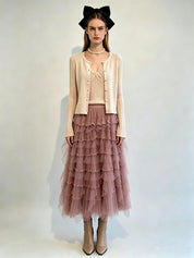 Pearl-Trimmed Multi-Tiered Tulle Midi Skirt with Elasticated Waistband