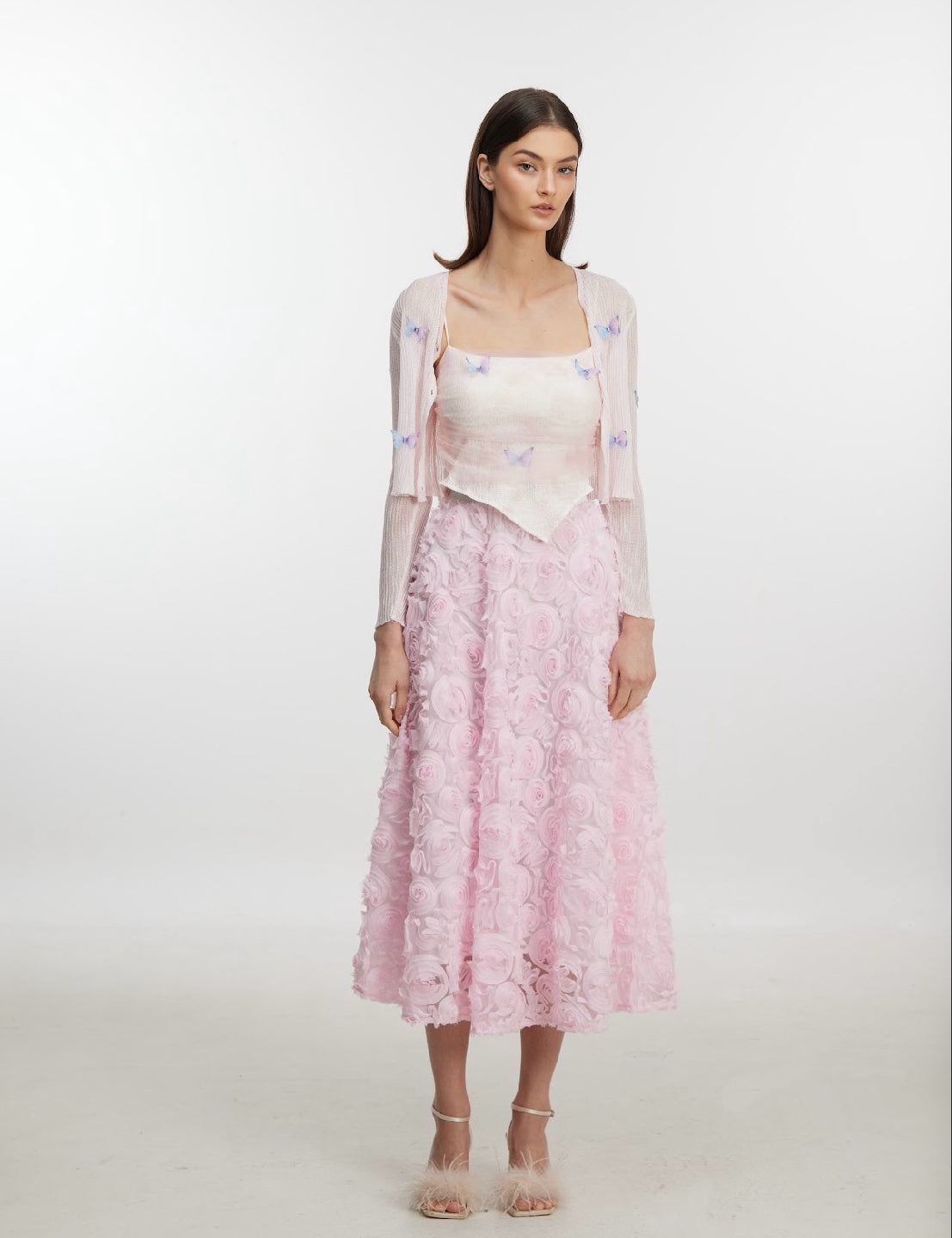 3D Rosette Appliqué Tulle Midi Skirt with Elasticated Waistband