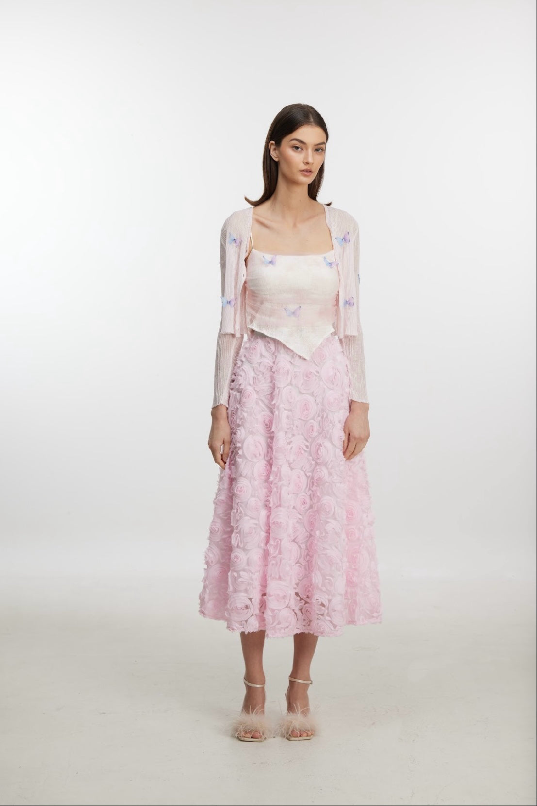 3D Rosette Appliqué Tulle Midi Skirt with Elasticated Waistband