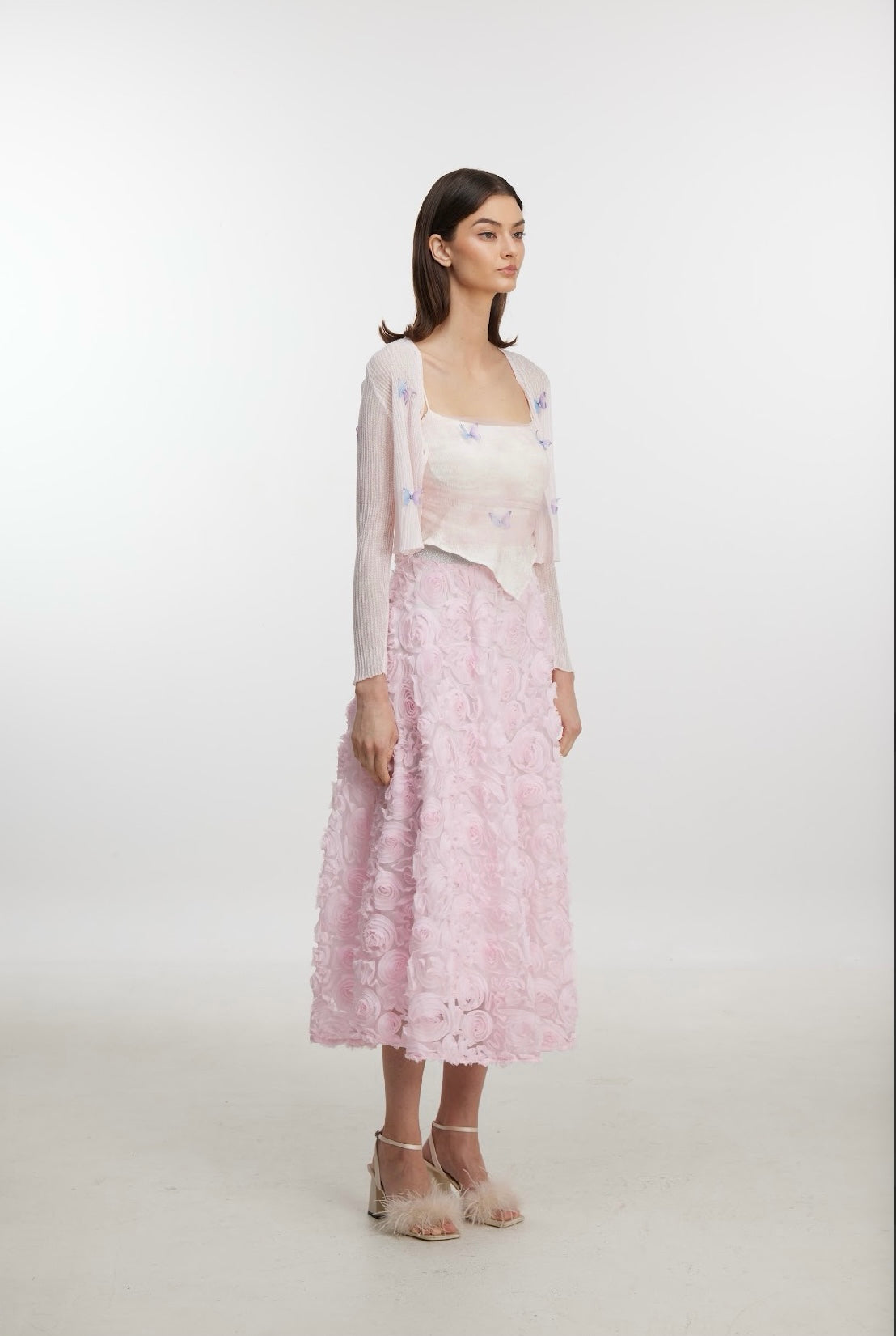 3D Rosette Appliqué Tulle Midi Skirt with Elasticated Waistband