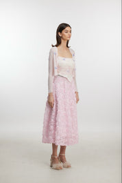 3D Rosette Appliqué Tulle Midi Skirt with Elasticated Waistband