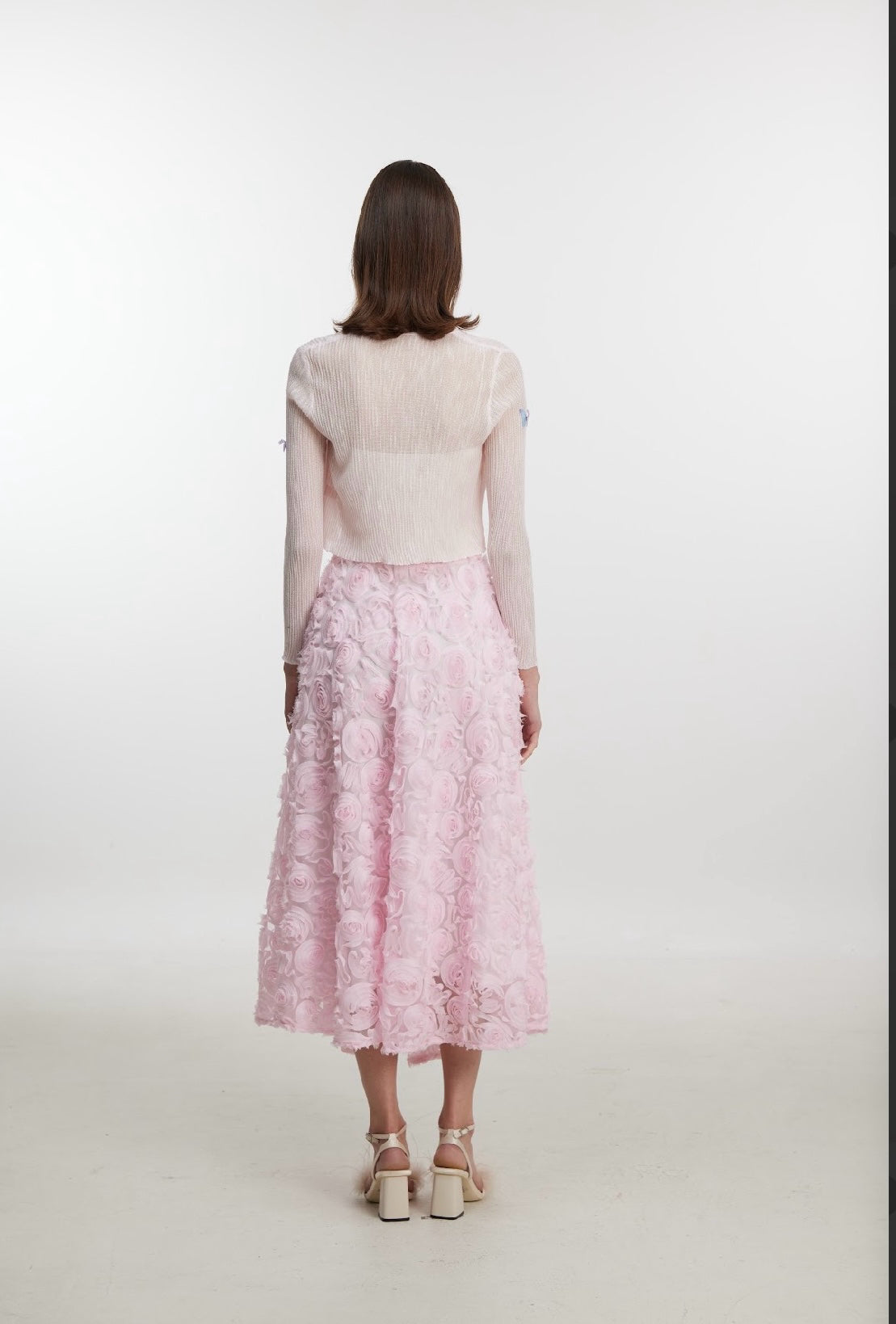 3D Rosette Appliqué Tulle Midi Skirt with Elasticated Waistband