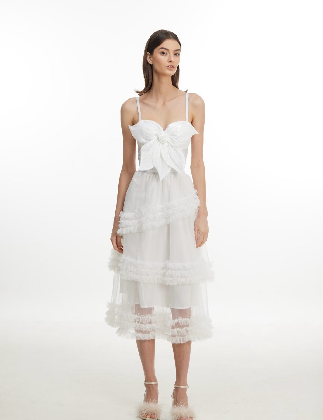 3D Floral Tiered Ruffle Tulle Midi Skirt