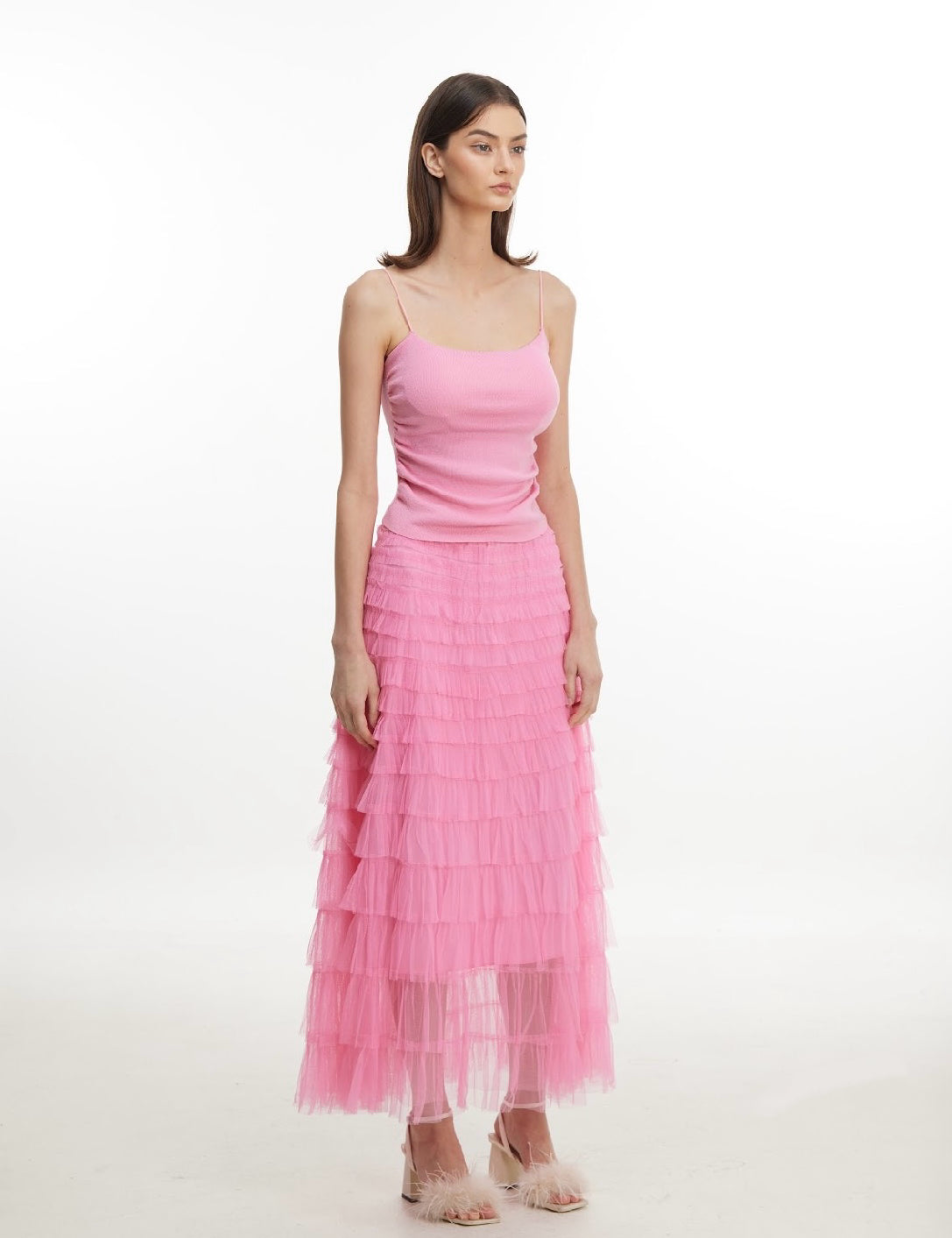 Multi-Colour Layered Tiered Ruffle Tulle Midi Skirt
