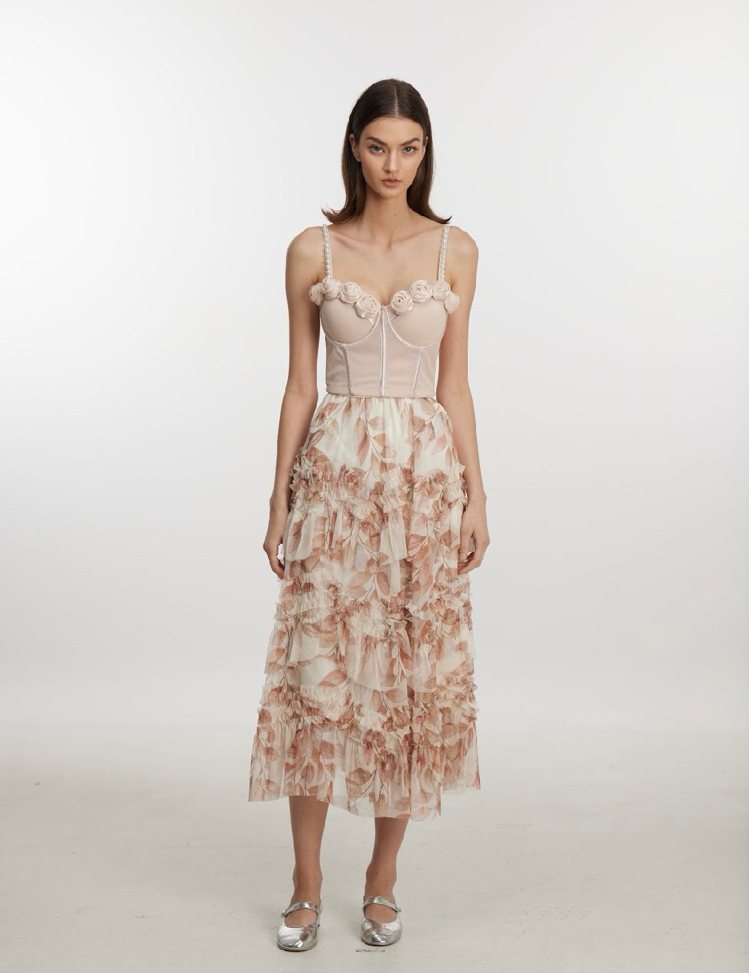 Floral Print Tiered Ruffle Tulle Midi Skirt