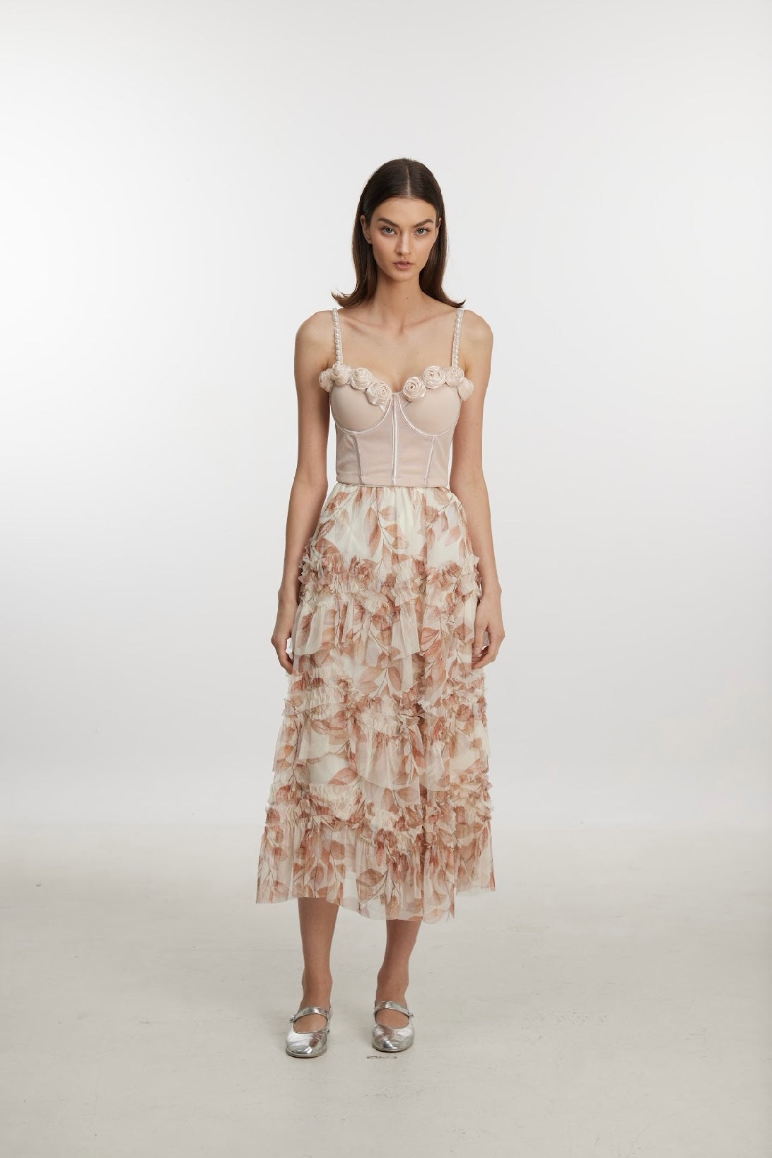 Floral Print Tiered Ruffle Tulle Midi Skirt