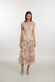 Floral Print Tiered Ruffle Tulle Midi Skirt