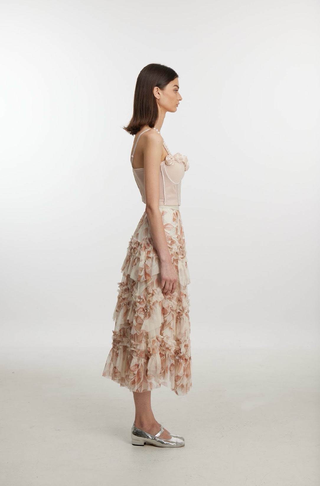Floral Print Tiered Ruffle Tulle Midi Skirt