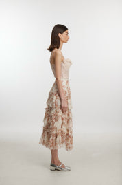 Floral Print Tiered Ruffle Tulle Midi Skirt