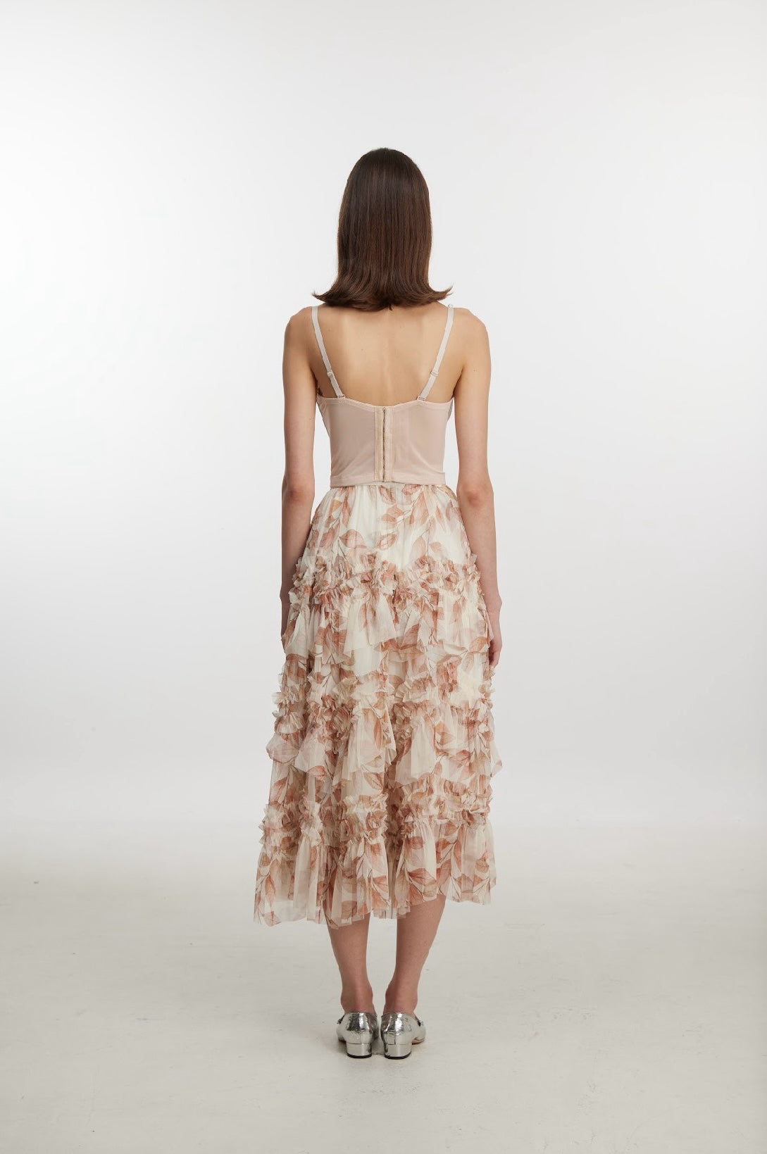 Floral Print Tiered Ruffle Tulle Midi Skirt