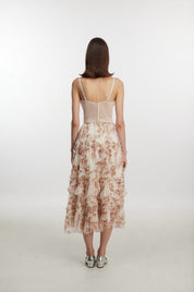 Floral Print Tiered Ruffle Tulle Midi Skirt