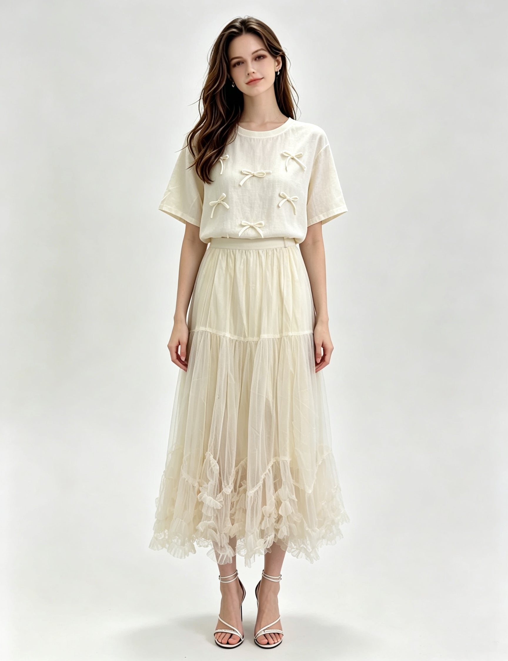 Ivory Layered Tulle Midi Skirt with Raw Edge Hem