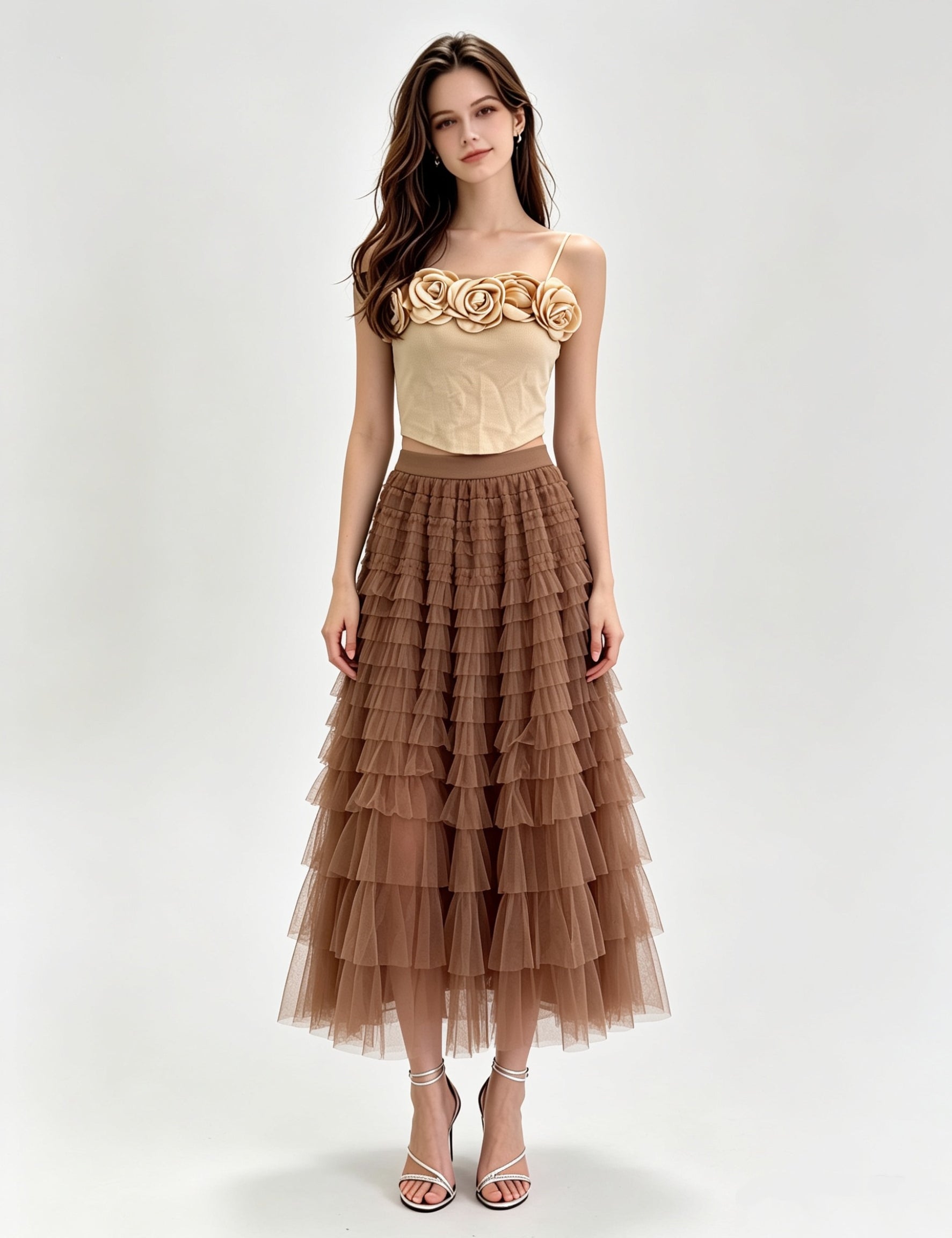 Multi-Colour Layered Tiered Ruffle Tulle Midi Skirt