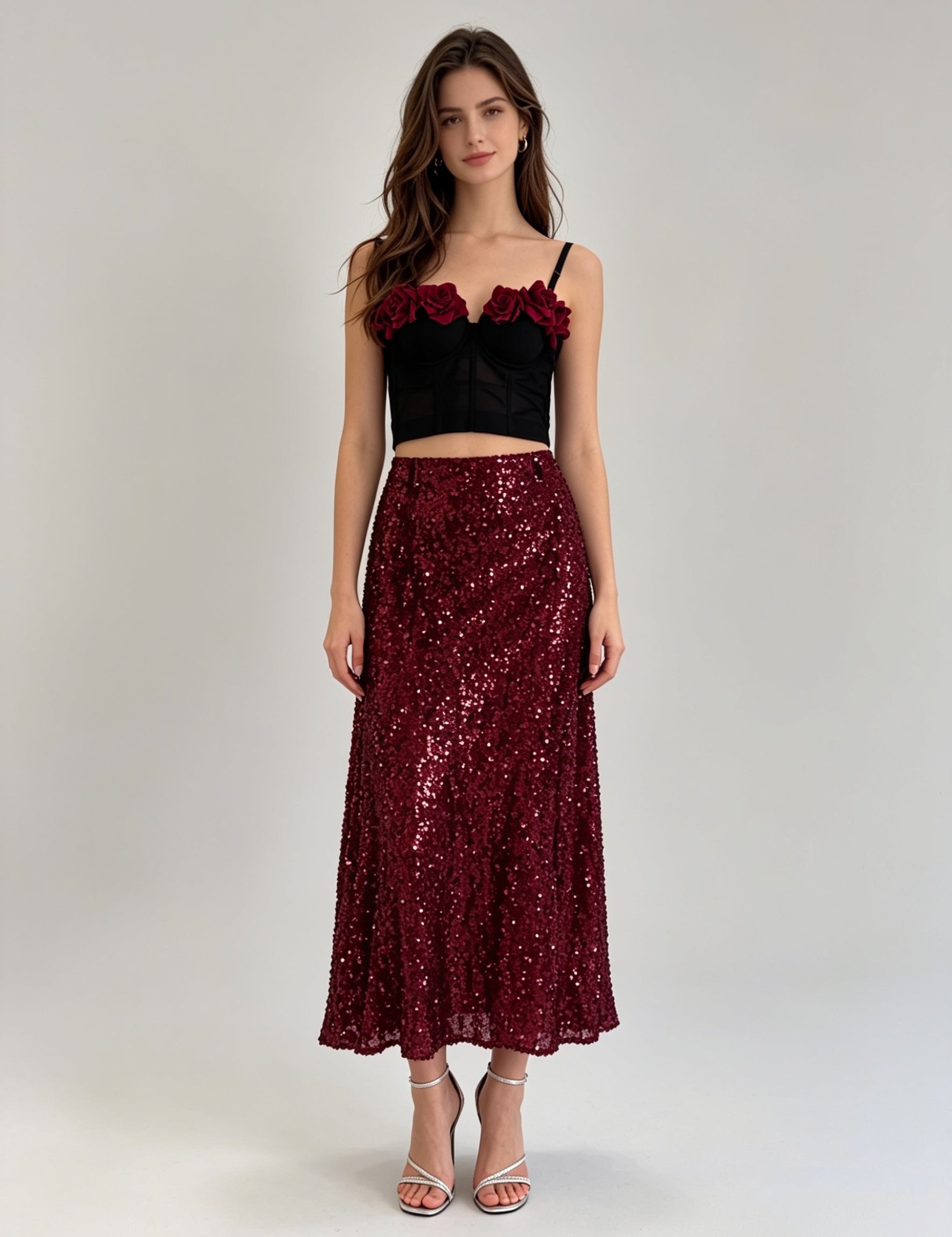 Black Sequin A-Line Midi Skirt