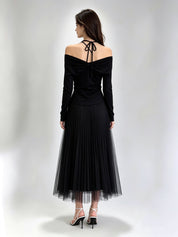 Off-Shoulder Twist-Front Bow Detail Long Sleeve Top