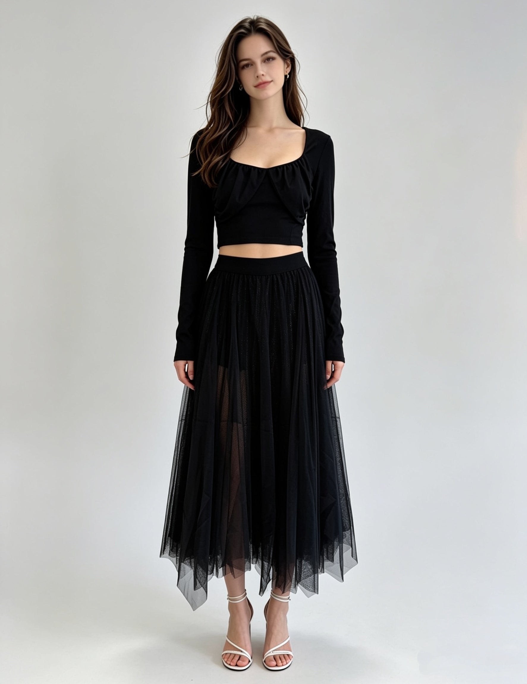 Scoop Neck Long Sleeve Ruched Bust Cropped Top