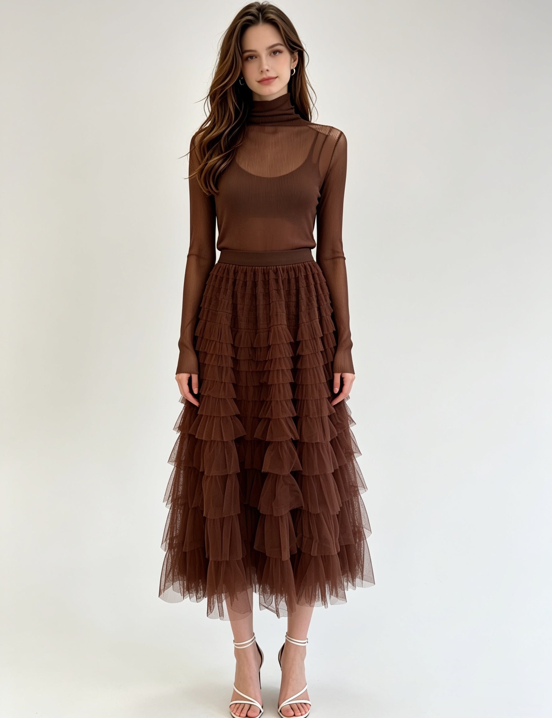 Multi-Colour Layered Tiered Ruffle Tulle Midi Skirt