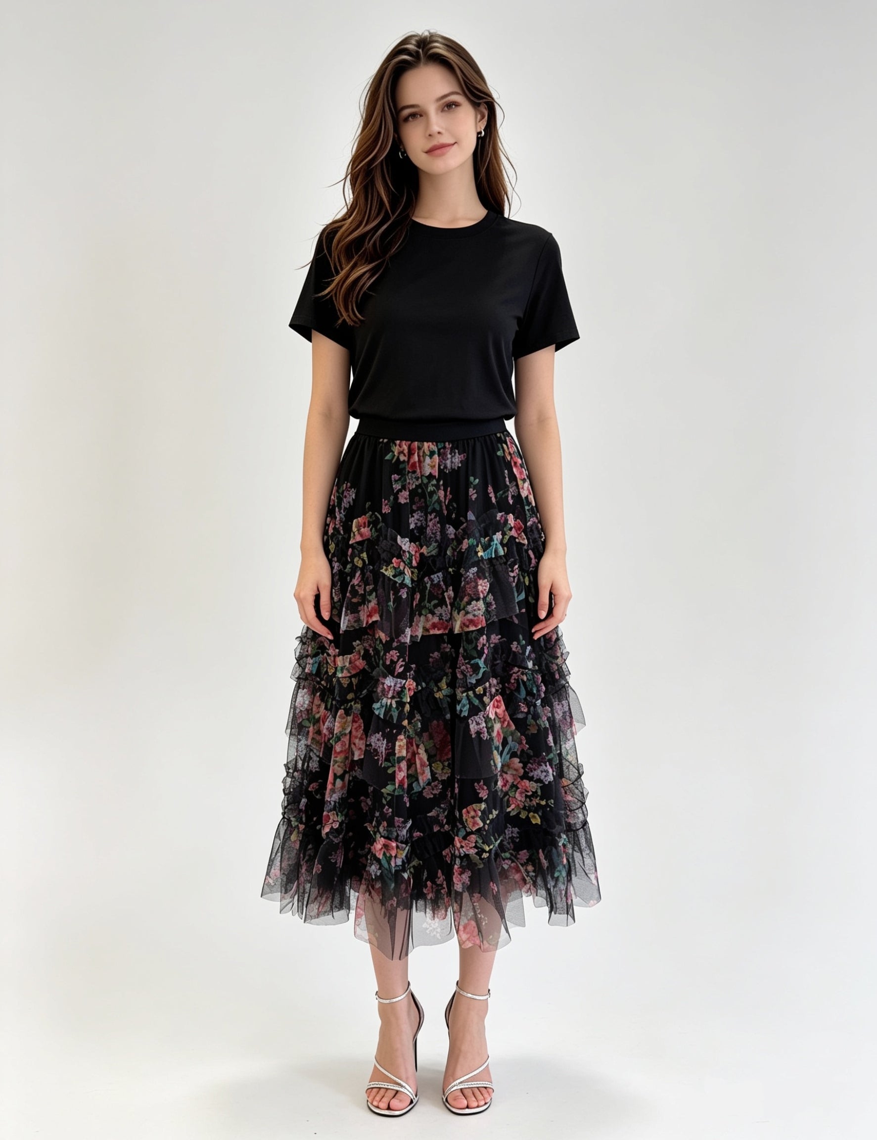 Floral Print Tiered Ruffle Tulle Midi Skirt