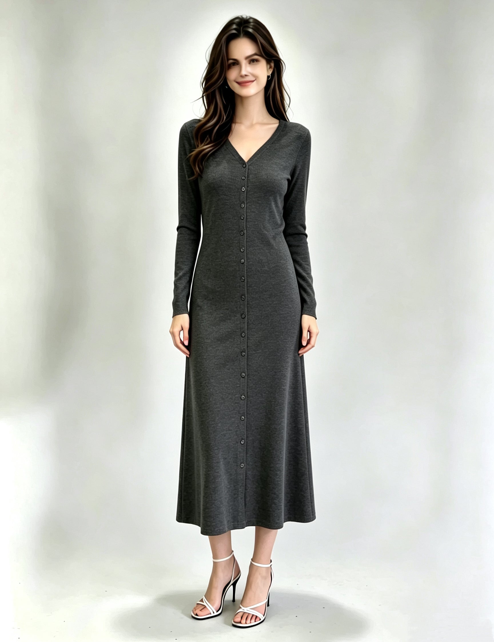 V-Neck Long Sleeve Button-Front Flared Midi Dress