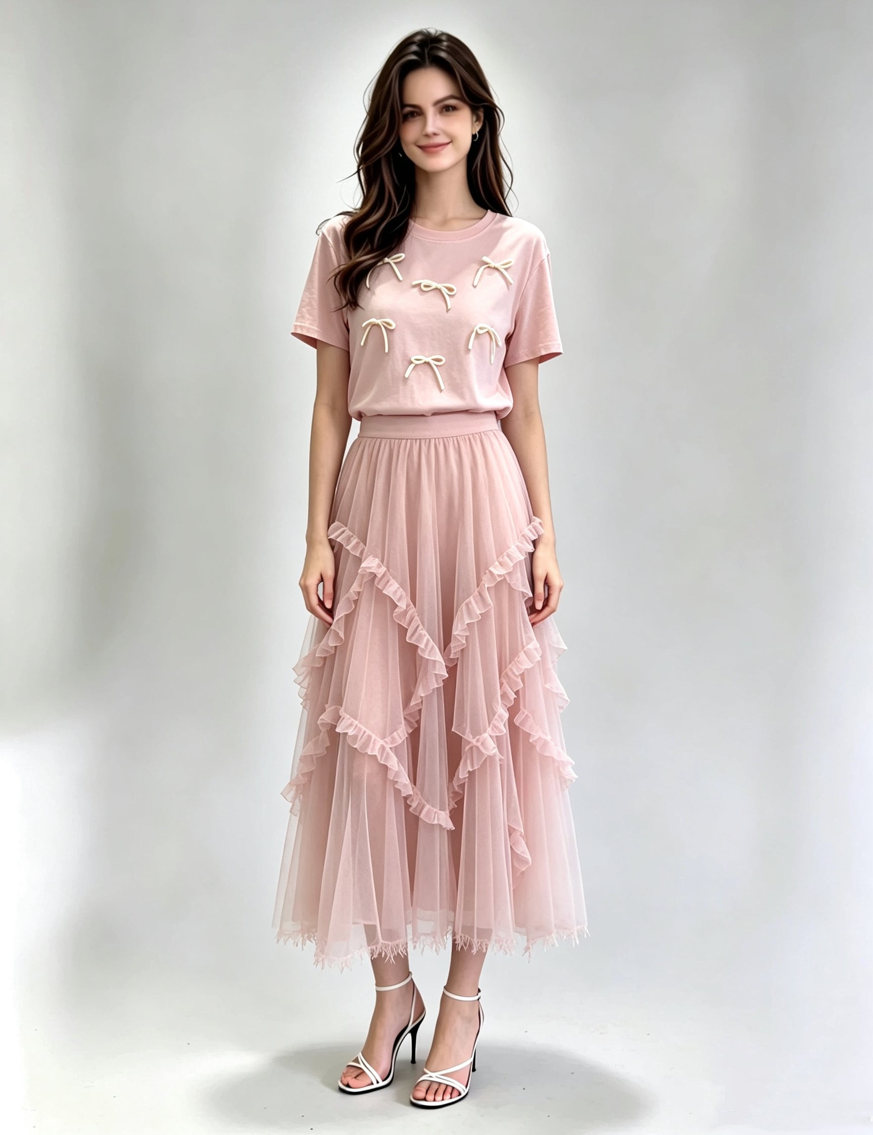 Round Neck Short Sleeve Bow Appliqué Top