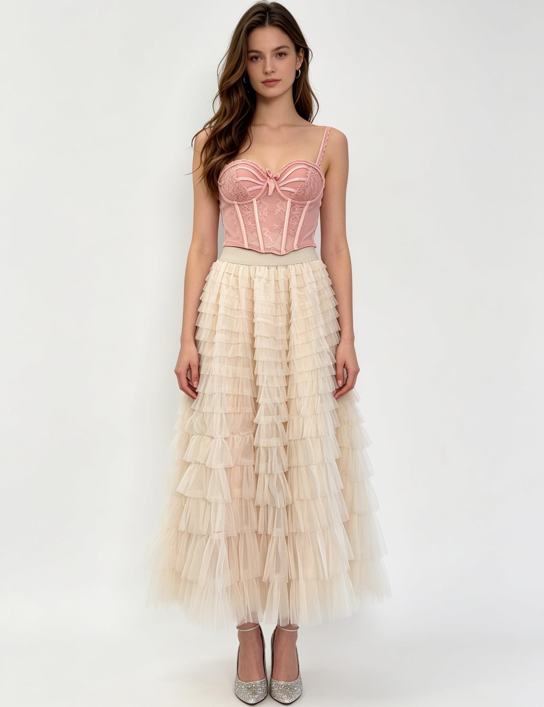 Multi-Colour Layered Tiered Ruffle Tulle Midi Skirt