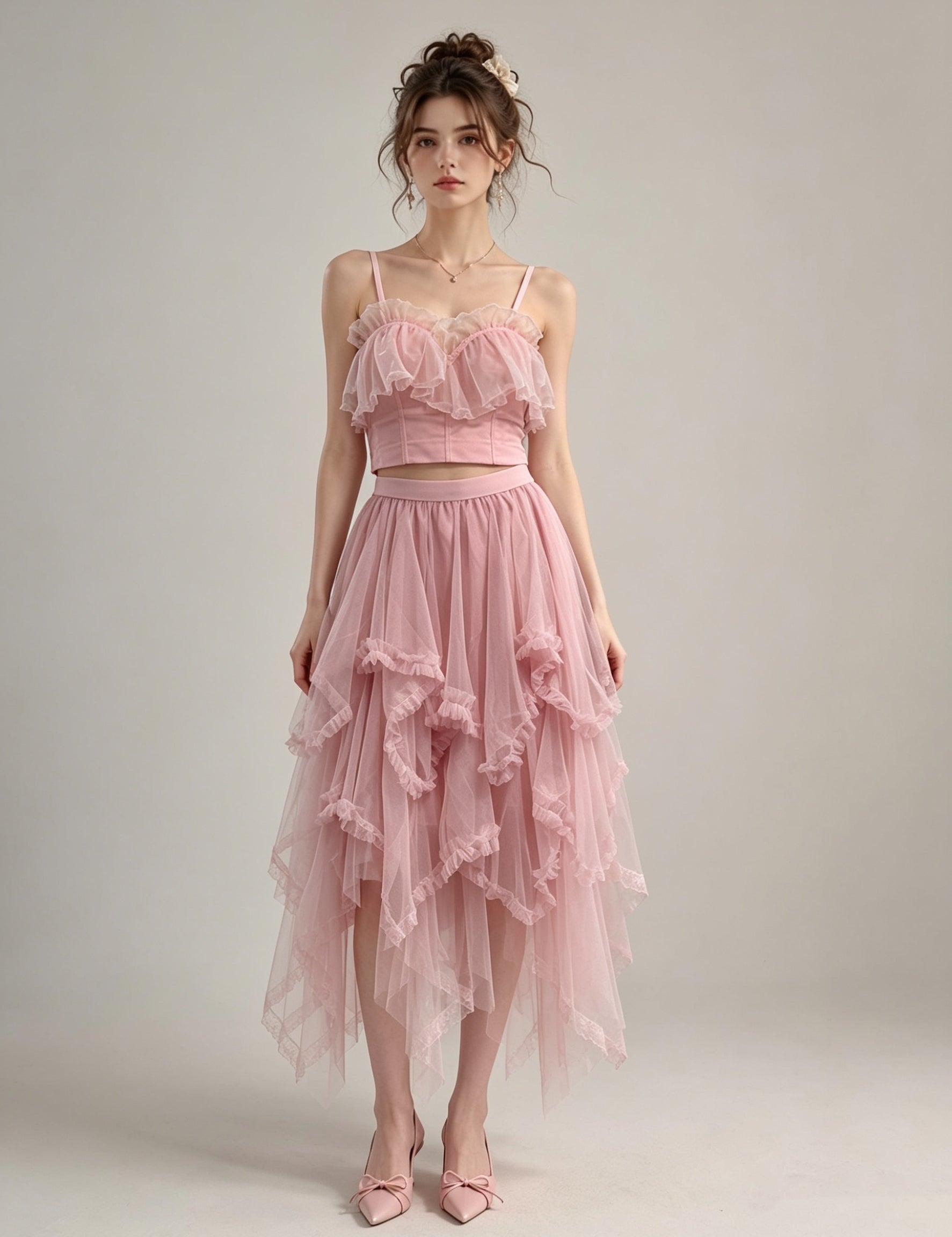 Beige Ruffle Trim Sheer Corset Top