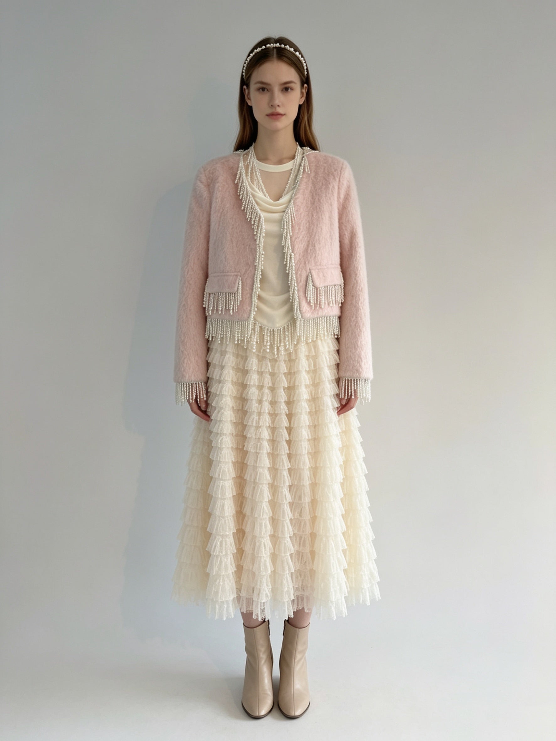 Pink Pearl Beaded Fringe Cropped Coat
