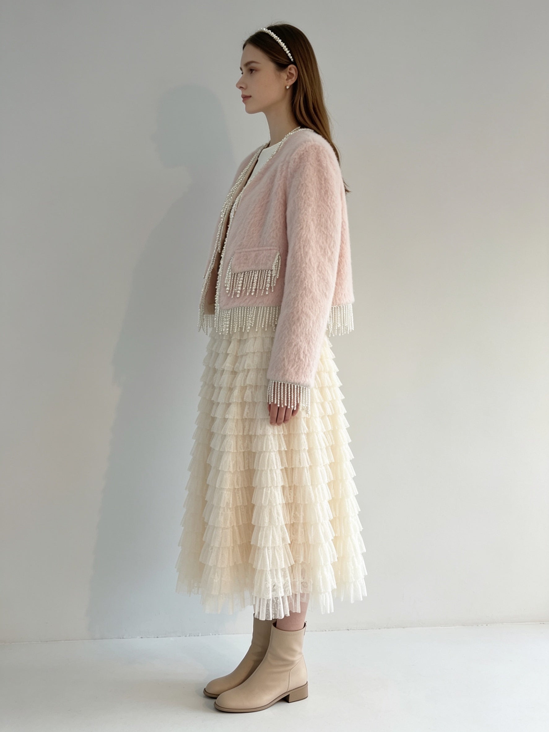 Pink Pearl Beaded Fringe Cropped Coat