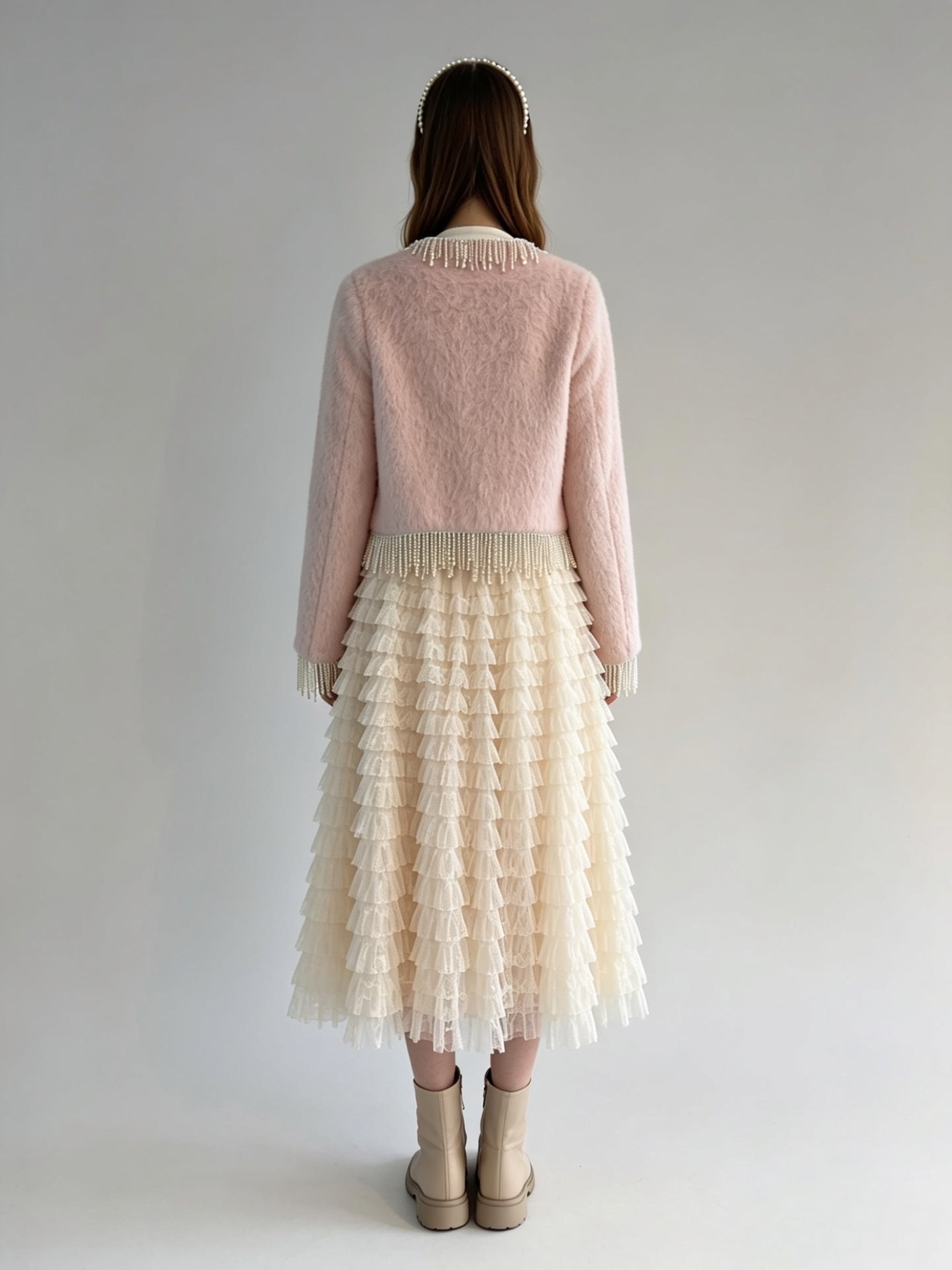 Pink Pearl Beaded Fringe Cropped Coat